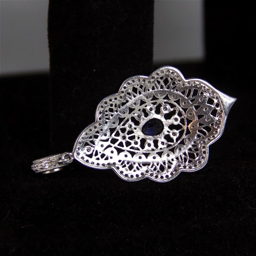 ESPO Sterling Silver 925 CZ Blue Sapphire Magnetic Snap Filigree Pendant - Picture 5 of 8